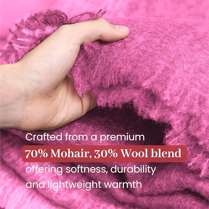 Biddy Murphy Ultra Soft Irish Mohair & Wool Throw Blanket, Made in Ireland, 54"x72", Solid Pink
