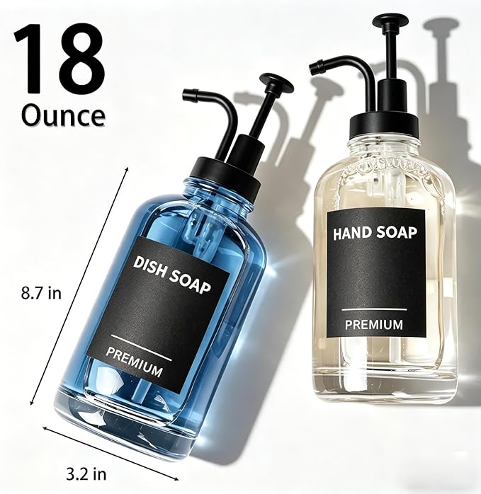 Dish Soap Dispenser for Kitchen, Hand Glass Soap Dispenser Set with Pump, Tray, Funnel for Bathroom, Shower, Laundry, Liquid, Lotion (Black 2 Pack 18 Oz Clear Bottles with 12 Stickers)