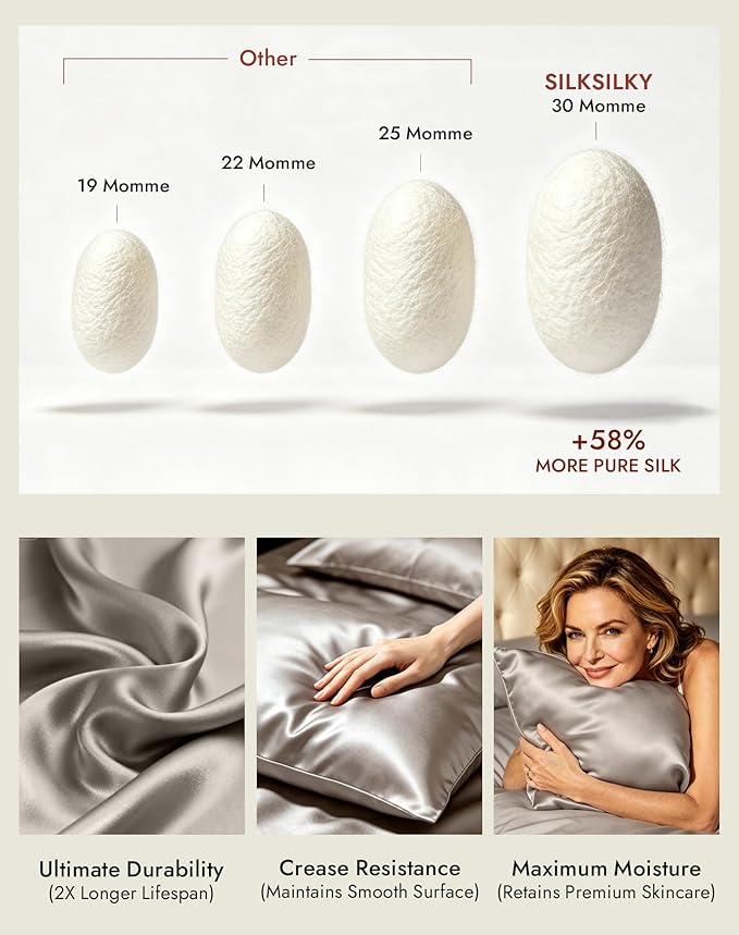SilkSilky Luxury 30 Momme 100% Pure Organic Mulberry Silk Pillowcase for Hair & Skin, Grade 6A+ Silk Pillow Cases with Hidden Zipper, Cooling Silk for Deep Sleep (King 20''x36'', Silver)