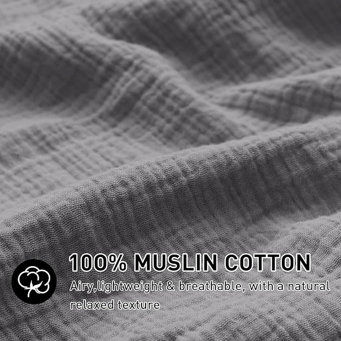EMME Muslin Cotton Duvet Cover Set Dark Grey Queen Size Linen Like Soft Breathable Lightweight Summer Comforter Cover Set with Zipper Closure (Dark Grey, Queen, 90"x90")