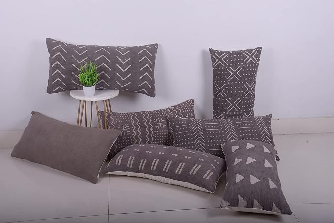 Trade Star Lumbar Pillow Shams Mudcloth Body Pillow Cases 100% Cotton Pillow Cover Boho Authentic Handloomed Tribal Farmhouse Home Décor (Grey Snow 12X24 INCHES)