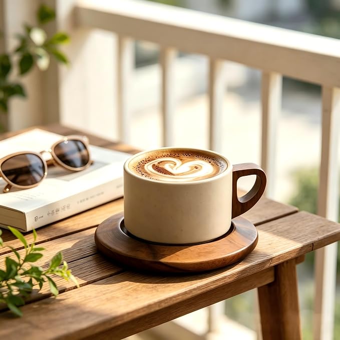 Rustic Matte Clay Coffee Mug with Hollow Walnut Wood Handle & Wooden Saucer, 250ml Handmade Rough Ceramic Latte Espresso Cup, 200g Single Cup Set, Japanese Vintage Drinkware for Home Office & Gift