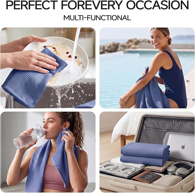 ecolook 6-Piece Waffle Weave Towel Set, 100% Cotton, Lightweight, Absorbent & Quick-Drying, 2 Bath Towels (31×63 in), 2 Hand Towels, 2 Washcloths, Lint-Free for Bathroom, Pool, Gym, Travel - Blue