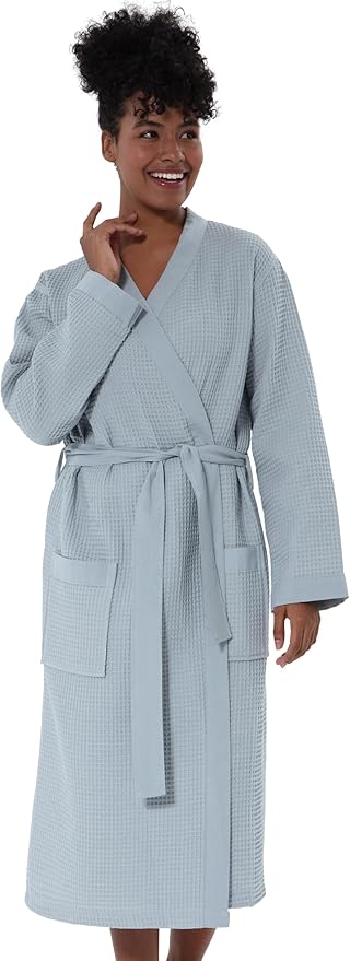 SEYANTE Women's Organic Cotton Waffle Kimono, Hooded Robe – GOTS Certified Lightweight Full-Length Spa Bathrobe with Piping