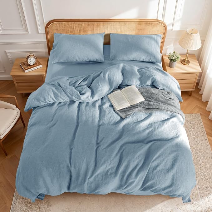 LBRO2M 100% France Linen Duvet Cover Set 3 Pcs Including 1 Flax Comforter Cover with Zipper Closure, 2 Pillowcase, Cozy Duvet Cover Queen Size, Dusty Blue