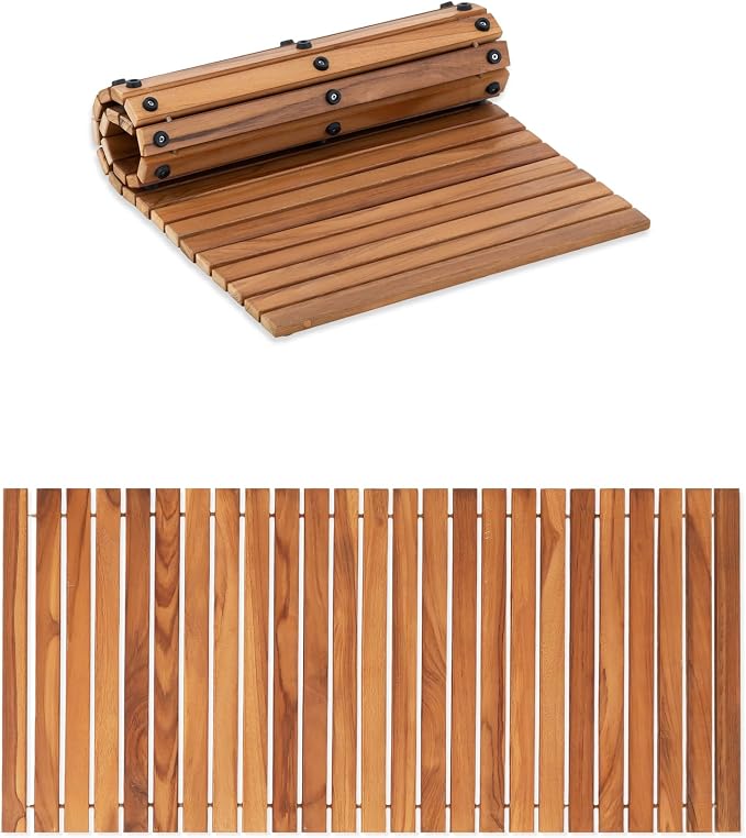 StrongTek Roll Up Teak Bath Mat, Pre-Oiled Wooden Shower Mat with Non-Slip Pads, Teak String Mat for Bathroom, Spa Floor Mat for Tub, Shower & Entry, 35.4 x 19 in