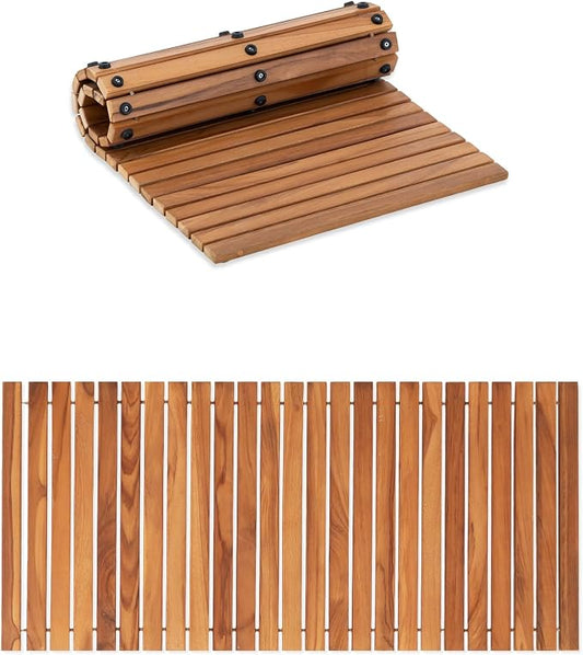 StrongTek Roll Up Teak Bath Mat, Pre-Oiled Wooden Shower Mat with Non-Slip Pads, Teak String Mat for Bathroom, Spa Floor Mat for Tub, Shower & Entry, 35.4 x 19 in