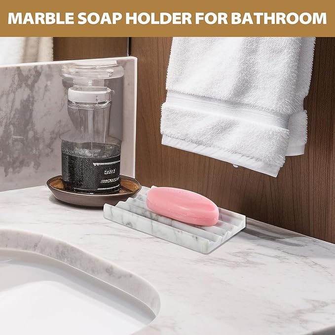 2PCS Koville Italian Natural Marble Soap Dish for Shower, Stone Soap Tray for Bathroom, Bar Soap Holder for Sink, Stripe Grooves Saver Keep Bars Dry Easy Clean (Bianco Carrara)