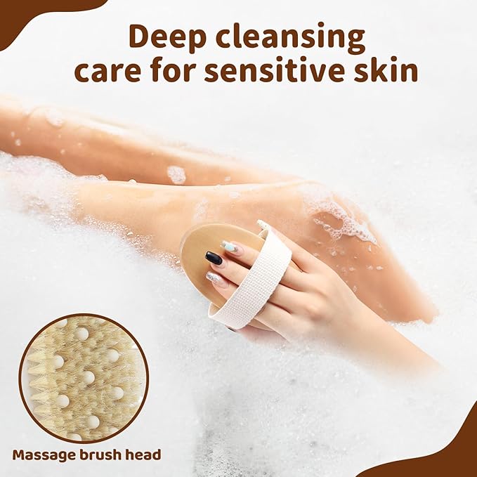 SAMEBUTECO 4 Pack Dry Body Brushing Brushes, Natural Bristle Exfoliating Scrub Brushes with Massage Nodes for Lymphatic Drainage, Skin Firming, Acne Treatment, and Cellulite Reduction