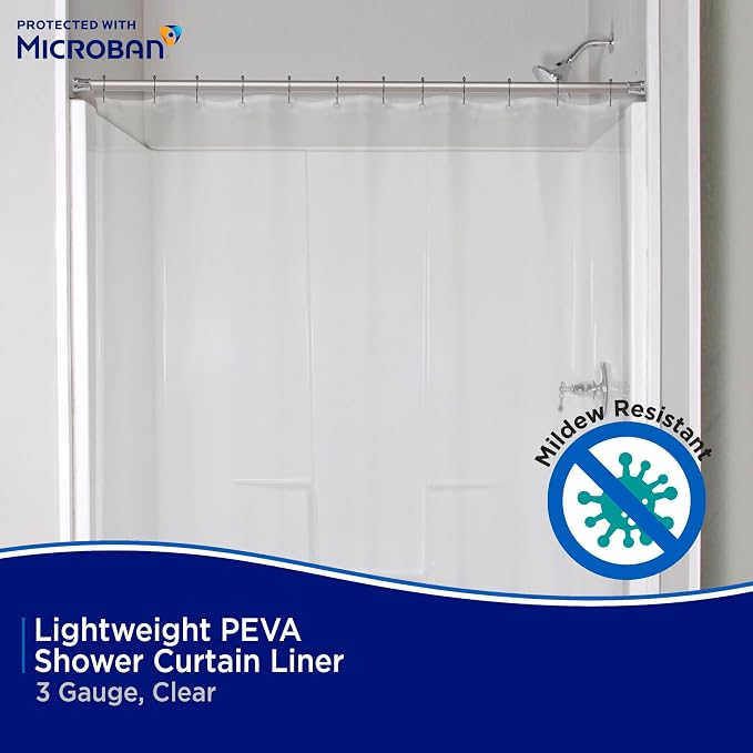 Kenney MB61122PK2 Microban Protected Lightweight 2.8 Gauge Waterproof PEVA Shower Curtain Liner with Durable Eyelet Hang Holes and Weighted Magnetic Hem for Bathroom, 70" W x 72" H, Clear, 2-Pack