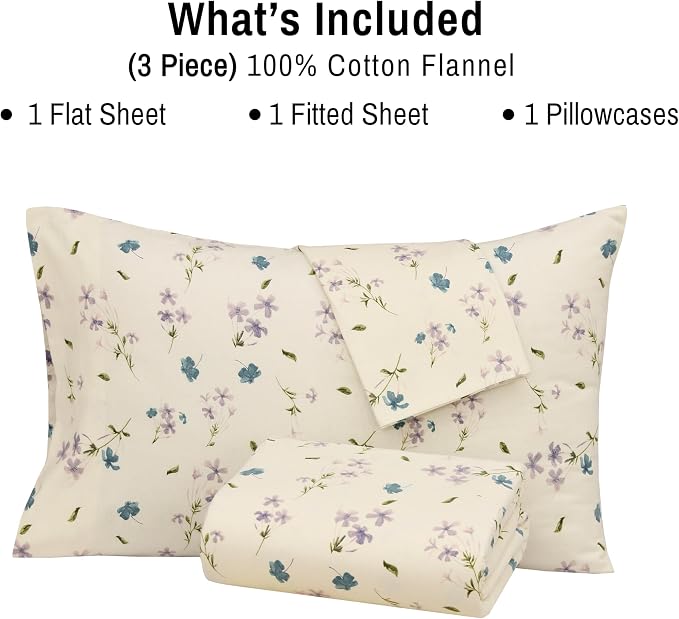 RUVANTI Flannel Sheets Split King Size - 100% Cotton Double Brushed Split King Bed Sheets Set - Deep Pockets 16 Inches - All Seasons Breathable & Extra Soft - Warm & Cozy, 5 Piece, Jasmine Stamp Cream
