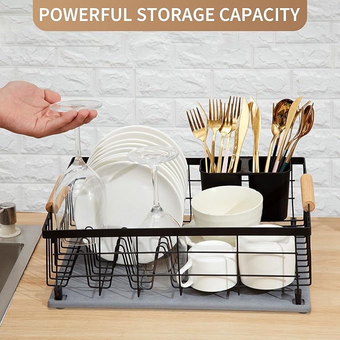 Dish Drying Rack with Stone Dish Drying Mat for Kitchen Counter, 16'' Lx 12''W Dish Drainer with Diatomaceous Earth Quick Dry Mat, Organization and Storage Essentials with Cup & Cutlery Holders