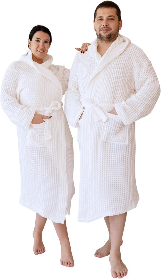 Unisex Hooded Waffle Robe for Women & Men 100% Turkish Cotton | Quick-Dry Bathrobe | Cozy Housecoat for Lounging