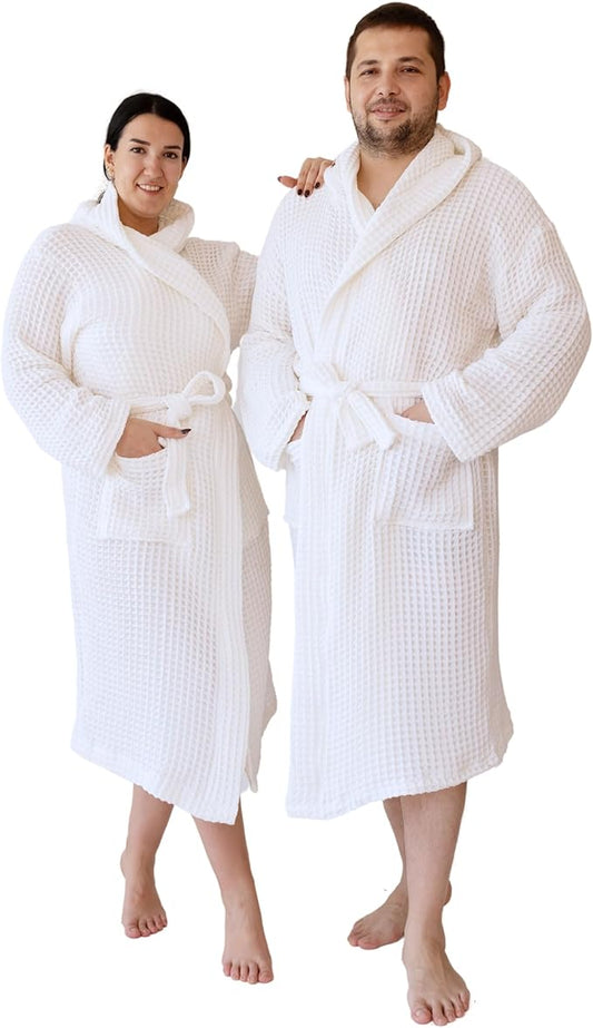 Unisex Hooded Waffle Robe for Women & Men 100% Turkish Cotton | Quick-Dry Bathrobe | Cozy Housecoat for Lounging