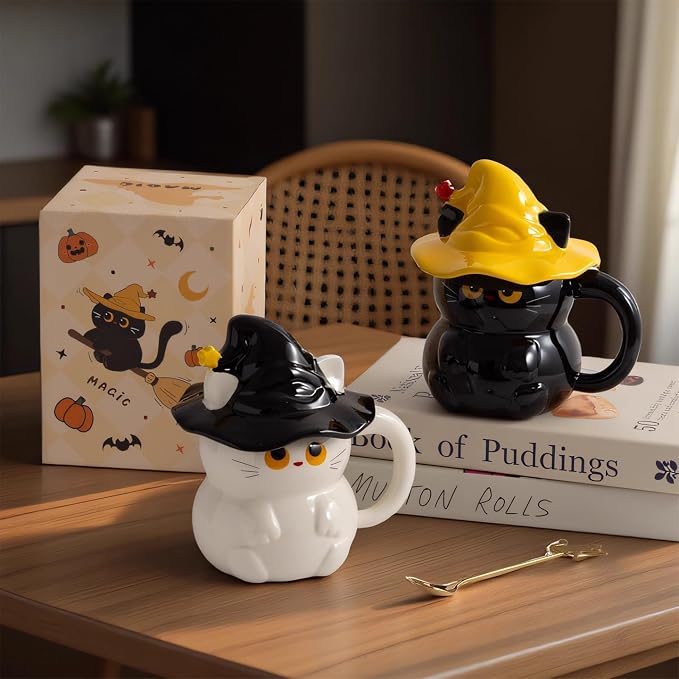 Coffee Mug Cups Ceramic Tea Cup Cute 3D Bichon Frise Dog Shaped Handmade Pottery Cute Mugs Handle Office Home Hot Ice Chocolate Milk Mugs Gifts Microwave Dishwasher Safe 14 Oz Travel Mug (White cat)