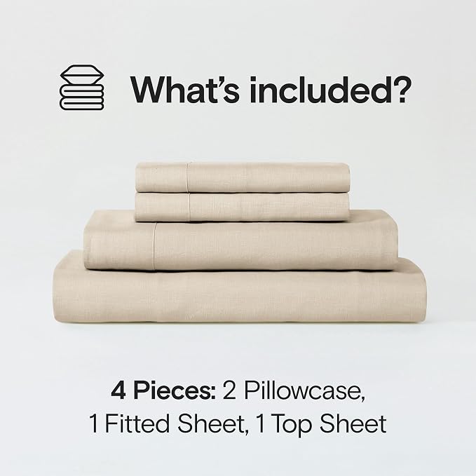 Sijo Stone Washed Organic French Linen Bed Sheet Set, GOTS Certified Organic, Best Cooling Linen Sheet Award by Sleep Foundation, 4 Piece - 2 Pillowcases, 1 Fitted and 1 Flat (Classic, King)
