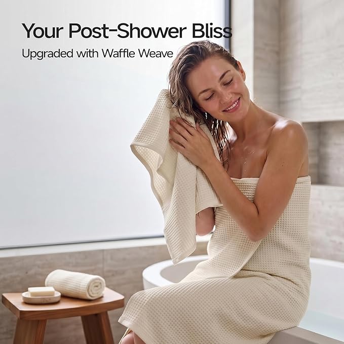 ecolook 6-Piece Waffle Weave Towel Set, 100% Cotton, Lightweight, Absorbent & Quick-Drying, 2 Bath Towels (31×63 in), 2 Hand Towels, 2 Washcloths, Lint-Free for Bathroom, Pool, Gym, Travel - Khaki