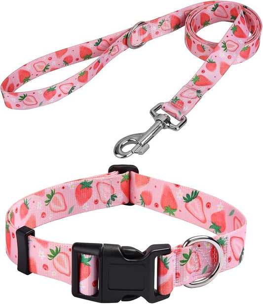MarukoPet Dog Collar and Leash Set, Adjustable for Small Medium Large Dogs Puppy, Cute Design with Bohemia Floral Tribal Geometric Patterns Boys Girls Dog Collar(Strawberry Set,XS)