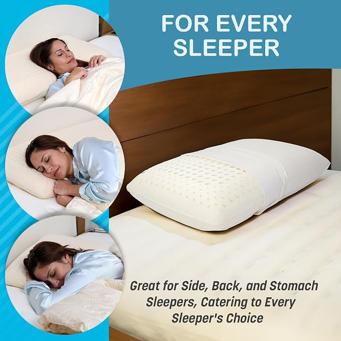Turmerry Green Natural Bed Pillow - GOLS Certified Organic Rubber Foam Latex Pillows for Sleeping Side, Back, Stomach Sleepers Zippered Organic Cotton Cover - Size Queen - High Loft - Medium