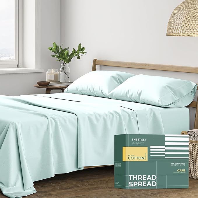 THREAD SPREAD 100% Organic Cotton Sheets California King Size - 4 PC Organic Cotton Cal King Size Percale Weave Sheet Set, Soft, Cooling & Crisp, 16" Deep Pocket Hotel Quality Bedding Set - Sea Foam