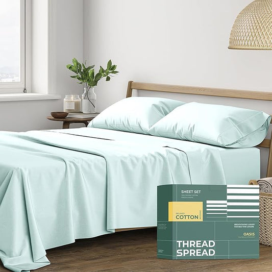 THREAD SPREAD 100% Organic Cotton Sheets California King Size - 4 PC Organic Cotton Cal King Size Percale Weave Sheet Set, Soft, Cooling & Crisp, 16" Deep Pocket Hotel Quality Bedding Set - Sea Foam