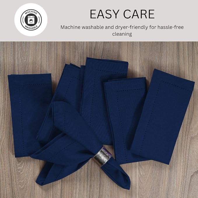 Hemstitch Cloth Dinner Napkins 100% Cotton Set of 6 - for Dining Special Occasions Weddings Parties Holidays Easter - Soft Durable Reusable - 18x18 Inch Table Cloth Napkins Navy Blue