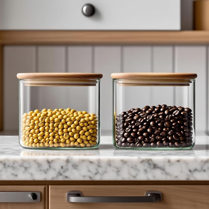 16.91Oz Airtight Glass Storage Containers with Bamboo Lids - Tea Coffee Sugar Canisters - Spice Jars with Lids - Seasoning Jars - Stacking Glass Jars for Spice,Cereal,Sweet,Sugar,Tea,Cookie
