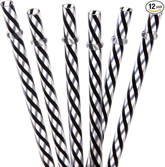 Dakoufish 12 Piece 9 Inch Reusable Plastic Thick Drinking Straws BPA Free Mason Jar Straws transparent small Stripe 6 Colors (9inch Black)