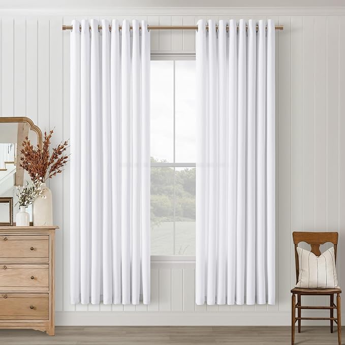 Linen White Curtains 72 Inches Long 2 Panels Set for Living Room Dining Grommet Linen Drapes Light Filter Boho Farmhouse Neutral Semi Sheer Snow White Curtain 72 Inch Length for Closet Cabin Bedroom