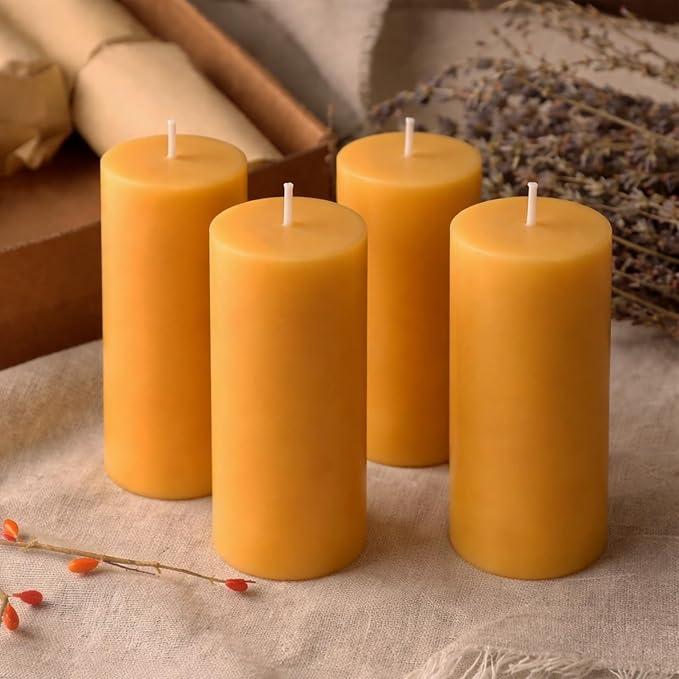 5 Natural Beeswax Pillar Candles, 100% Pure Natural Non Toxic Bees Wax,Long Burning for 175 Hours, Smokeless and Dripless, Yellow Beeswax Candles Bulk for Home, Emergency, Prayer, 2x4 Inches