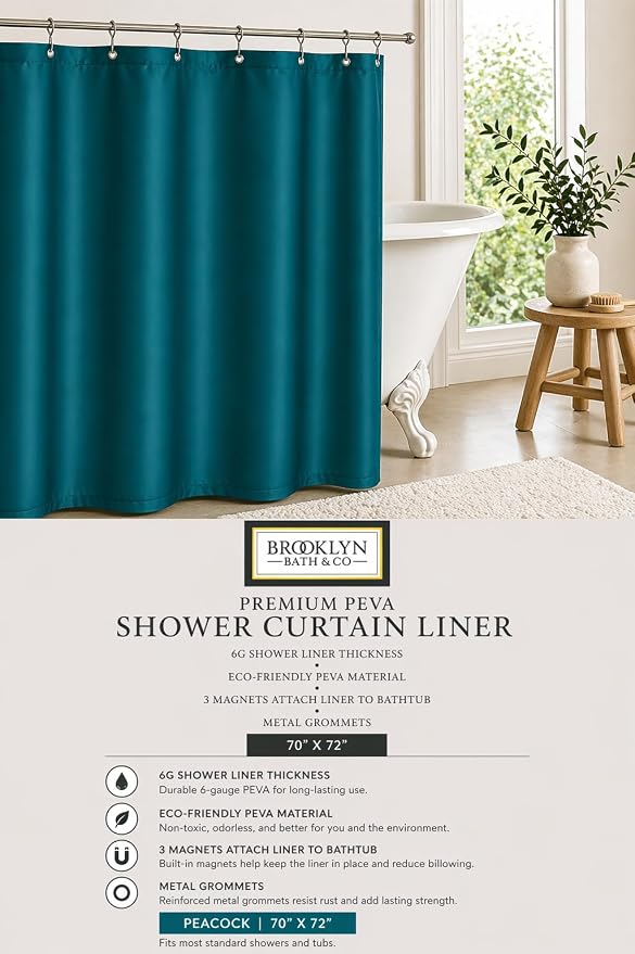 Home Expressions Premium 6 Guage PEVA Shower Curtain Liner - PVC Free Magnetized Bottom Odorless with Rustproof Grommets 70"x72" (Peacock)