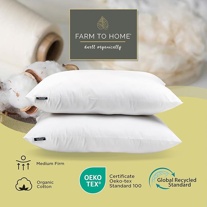 Farm To Home 100% Organic Cotton Cover Pillows Queen/Standard Size Set of 2, Down Alternative Hotel Quality Soft Bed Pillow for Back & Side Sleepers, Machine Washable, 20"x28", White