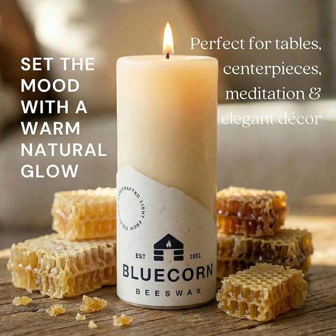 Bluecorn Beeswax Pillar Candle, 100% Pure Natural Bees Wax, Ivory White 3x6 Candle, Clean Burning & Dripless, Long Lasting (90 Hrs), Paraffin, Soy & Fragrance Free, Home Decor, American Made, 1 Count