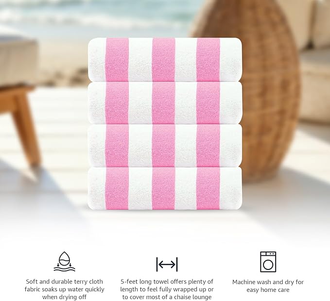 CASA COPENHAGEN Cabana Beach Towel Designed in Denmark Rough and Tough, Quick Dry, Beach, Pool, Bath & Shower 30x60 inches 4 Pieces Cotton Beach Bath Towels Set - Pink