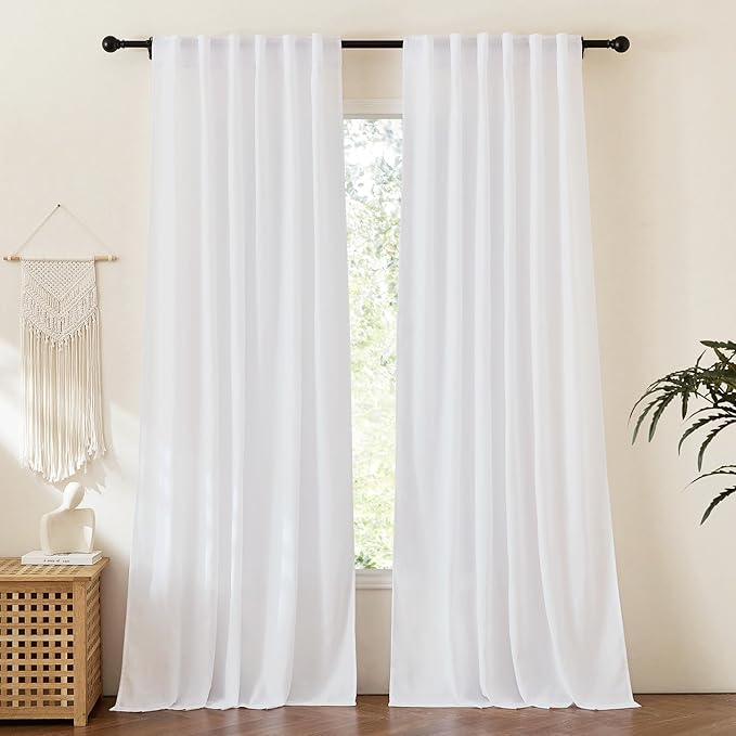 RYB HOME White Linen Curtains 84 inches Long, Semi Sheer Light Filtering Back Tab Breathable Window Curtains & Drapes for Bedroom Living Room Yoga Room, W 52 x L84 inches, 2 Panels Set