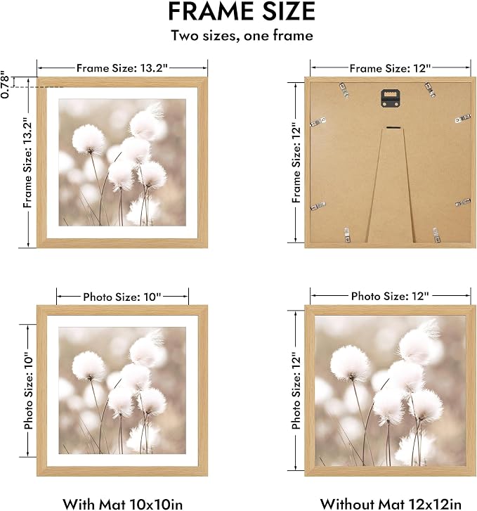 Hongkee 12x12 Oak Wood Picture Frame 1 Pack(Matted 10x10), Real Glass Cover | Natural, 10 x 10 Solid Wood Frame for Wall or Tabletop Display - Includes Easel Back, Vertical Hang - Ideal for Home, Office