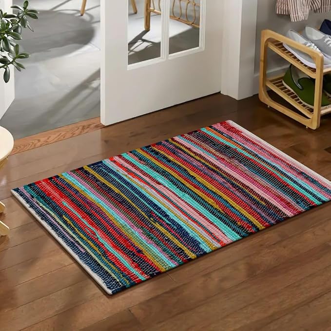 WeWove Hand Woven Chindi Rug Cotton - Boho Rustic Farmhouse Area Accent Throw Rug - Area Floor Carpet for Bedroom Living Room Kitchen Dorm Entryway Hallway - 20x32 inch Area Rug Multicolor
