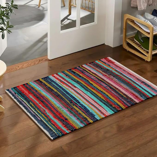 WeWove Hand Woven Chindi Rug Cotton - Boho Rustic Farmhouse Area Accent Throw Rug - Area Floor Carpet for Bedroom Living Room Kitchen Dorm Entryway Hallway - 20x32 inch Area Rug Multicolor