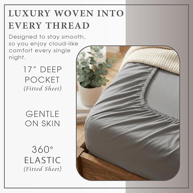 THE ART BOX Certified 100% Egyptian Cotton Sheets, California King Sheet, 1000 Thread Count Hotel Quality Sateen Weave, 4 Pc Luxury Bed Sheet Set, Grey Sheets with Elasticized Deep Pocket