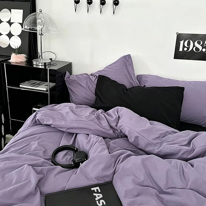 mixinni Solid Purple Duvet Cover Set Queen Size - 100% Washed Cotton 3-Piece Minimalist Bedding Set, Ultra Soft Breathable Solid Color Purple Comforter Cover with Zipper & Corner Ties, Queen Size