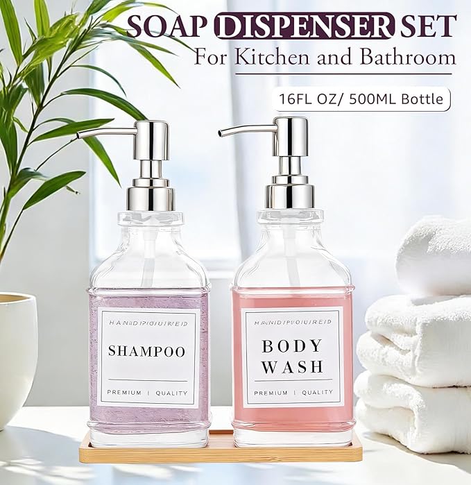 Glass Soap Dispenser with Pump,Tray,Funnel, Countertop Soap and Lotion Dispenser Set of 2 with 60 Stickers, Dish and Hand Soap Dispenser Bottle for Kitchen,Bathroom,Shower, 500ml/16.9oz