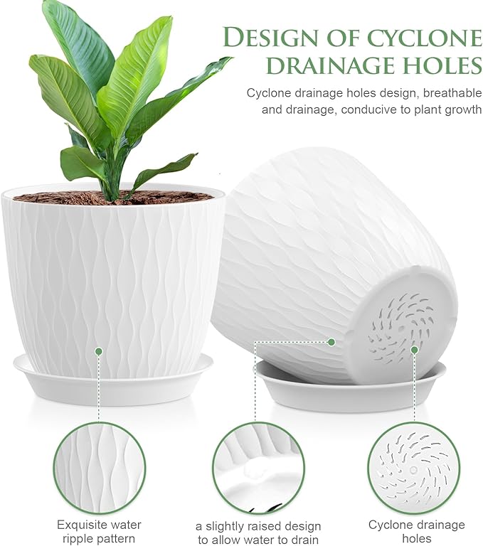 WSMKSZ 7 inch Plant Pots, 5 Pack Flower Pots with Drainage Holes and Saucers for Indoor Plants, Plastic Planters with Water Ripple for Small Garden House Plants, Nursery Pots for Succulent, White