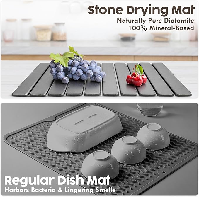 Large Stone Dish Drying Mat for Kitchen Counter, Premium Diatomaceous Earth Coaster Set for Dishes with Free Drainer Rack| Non-Slip Kitchen Sink Mat | Fast-Absorbing, (24x16 Inch, Light Grey)