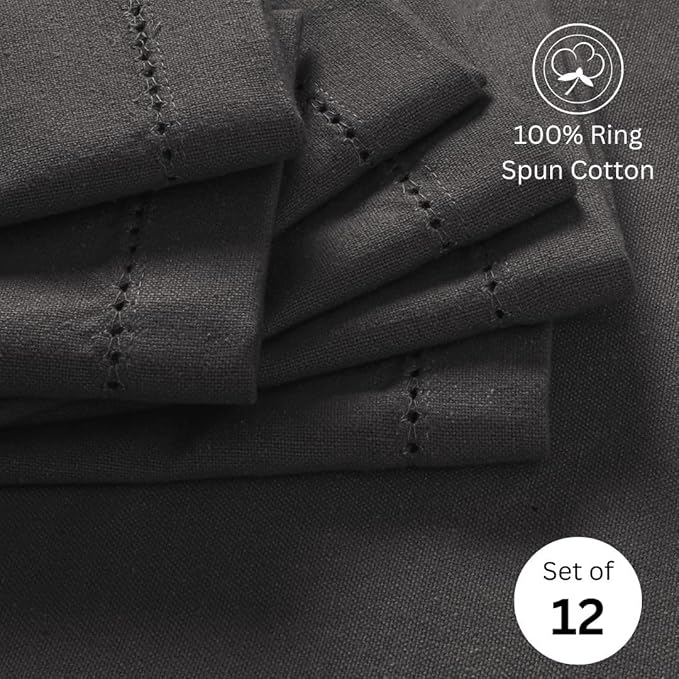 Hemstitch Cloth Dinner Napkins 100% Cotton Set of 12 - for Dining Special Occasions Weddings Parties Holidays Easter - Soft Durable Washable - 18x18 Inch Table Cloth Napkins Charcoal Grey