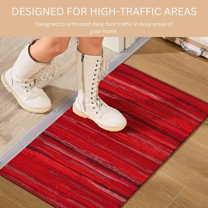 WeWove Hand Woven Chindi Rug Cotton - Boho Rustic Farmhouse Area Accent Throw Rug - Area Floor Carpet for Bedroom Living Room Kitchen Dorm Entryway Hallway - 20x32 inch Area Rug Red Multi