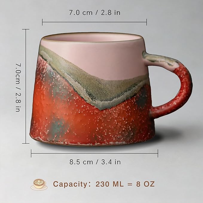 Vintage Coffee Mugs, 8 OZ Handmade Ceramic Coffee Mug with Handle, Pottery Coffee Cup for Morning Coffee, Tea & Latte, Lead-Free, Non-Toxic, Dishwasher & Microwave Safe for Home & Office.(Pink)