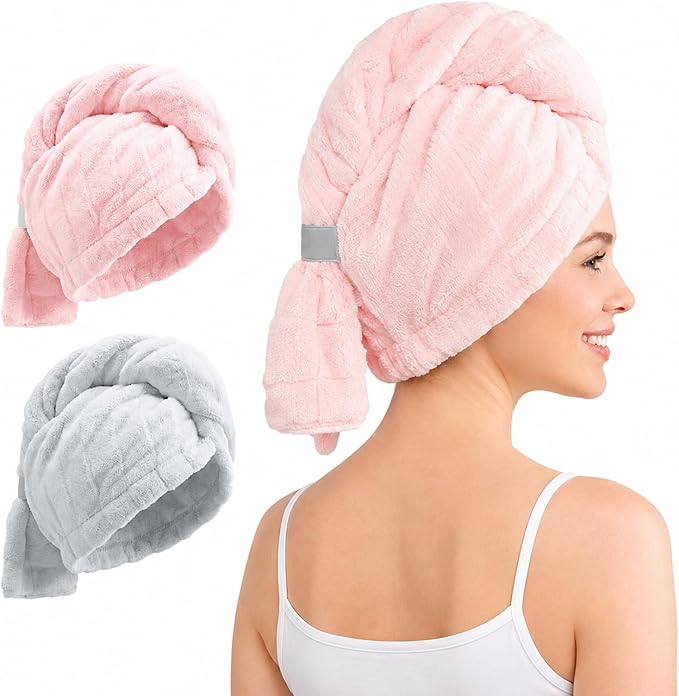 REDKISS 2 Pack Microfiber Hair Towel Wrap for Women, Super Absorbent Quick Dry Hair Turban for Thick Long Curly Hair, Large Stay-Put Anti-Frizz Hair Drying Towels, Pink Blue Gray
