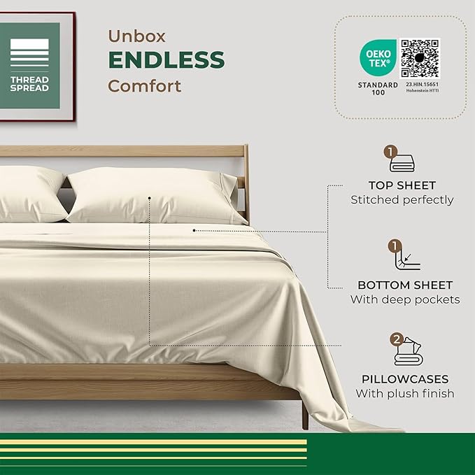 THREAD SPREAD 100% Organic Cotton Sheets Full Size - 4 PC Organic Cotton Full Percale Size Weave Sheet Set, Soft, Cooling, Crisp & Breathable, 16" Deep Pocket Hotel Quality Bedding Set - Ivory