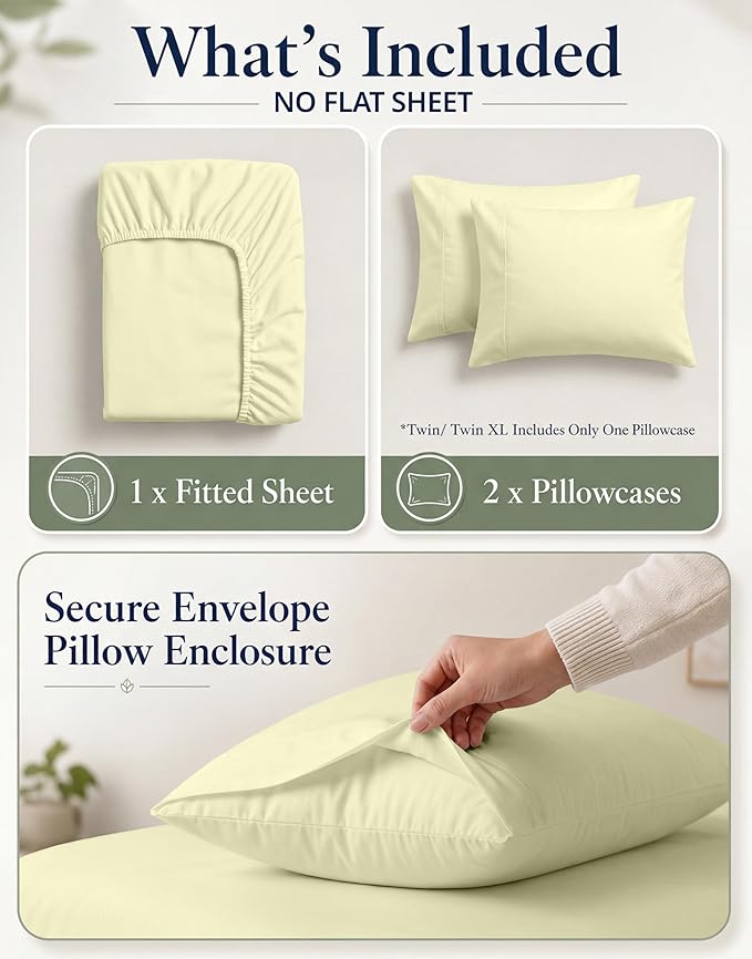 LANE LINEN Full Fitted Sheet, 100% Organic Cotton, 3-Piece Set (1 Fitted Sheet,2 Pillowcases), Percale Weave, Bed Bottom Sheet, Ultra Soft, Fits Mattress Upto 15" Deep - Vanilla(No Flat Sheet)