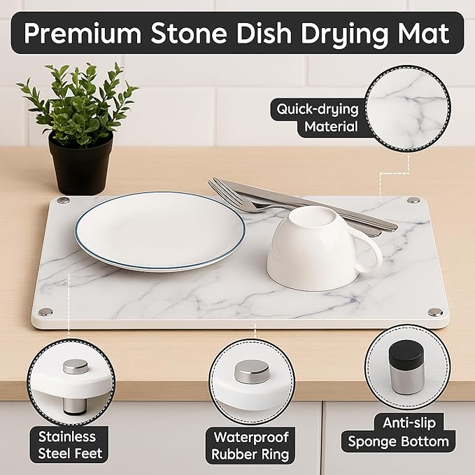 Stone Dish Drying Mat for Kitchen Counter, Diatomaceous Earth Dish Drying Mat, Non Slip, Quick Drying, Super Absorbent, Multipurpose,15.7" x 11.8" inches, White Marble Pattern